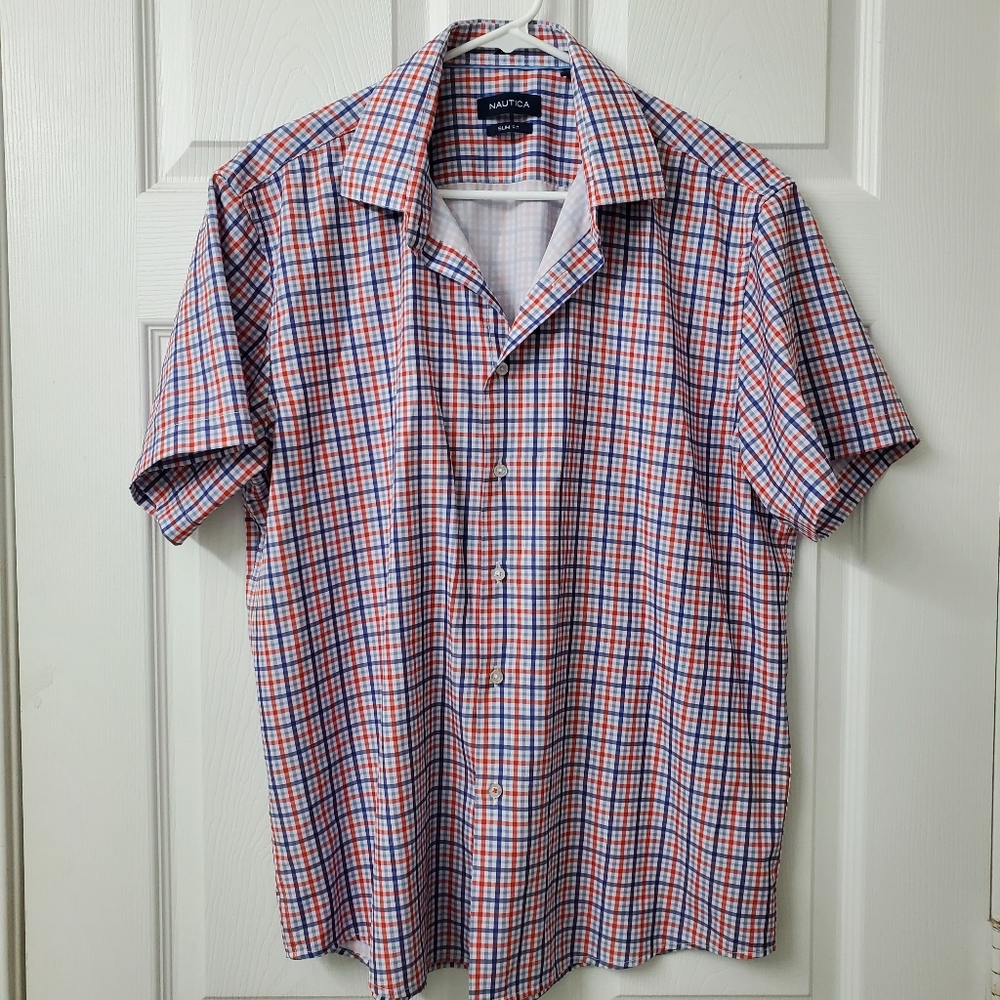 Nautica Men's Red and Blue Plaid Slim Fit Button Down Dress Shirt Large